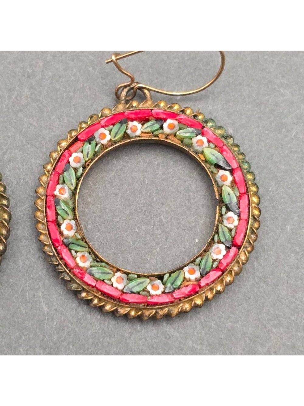 Vintage Micro Mosaic Picture Frame Drop Earrings Italian Floral Brass Setting - Picture 3 of 9